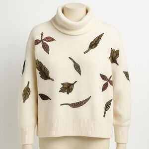Vtg Mariea Kim Wool Embroidered Leaf Cream Sweater Chunky M Cottagecore Apre Ski